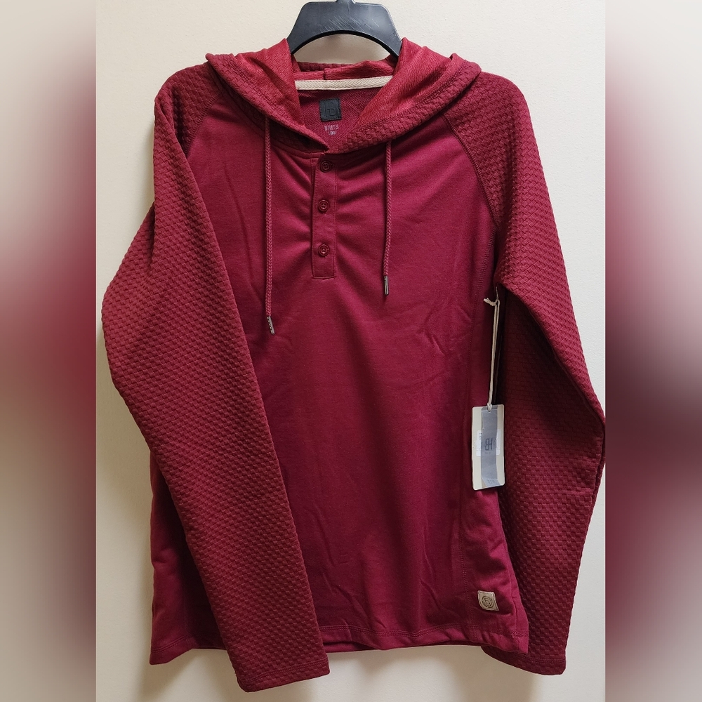 Mens Henley Style Pullover Hoodie in Burgundy With Textured Sleeves Size Large